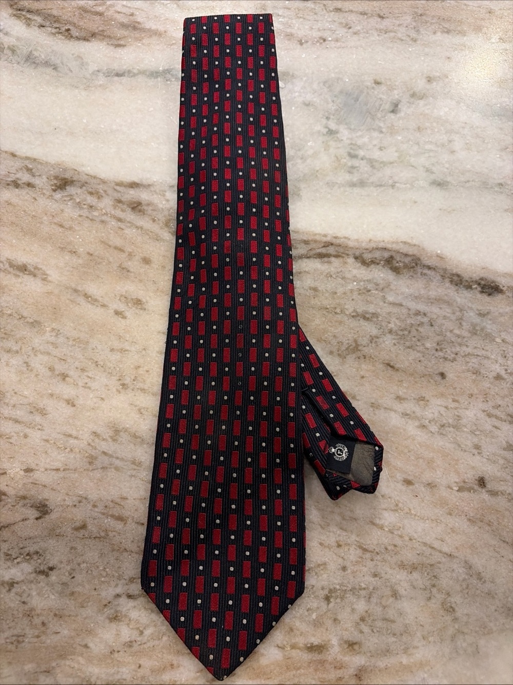 Faconnable Men’s Geometric Rectangles Dots Red Blue Silk Neck Tie